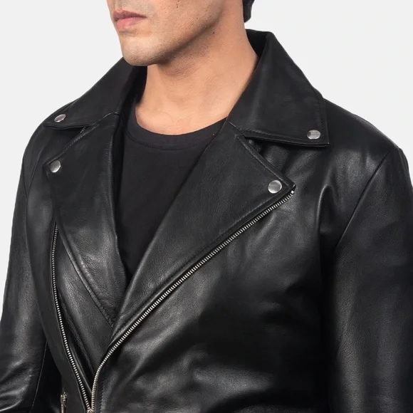 Black Handmade Real Leather Biker Jacket - Picture 6 of 9